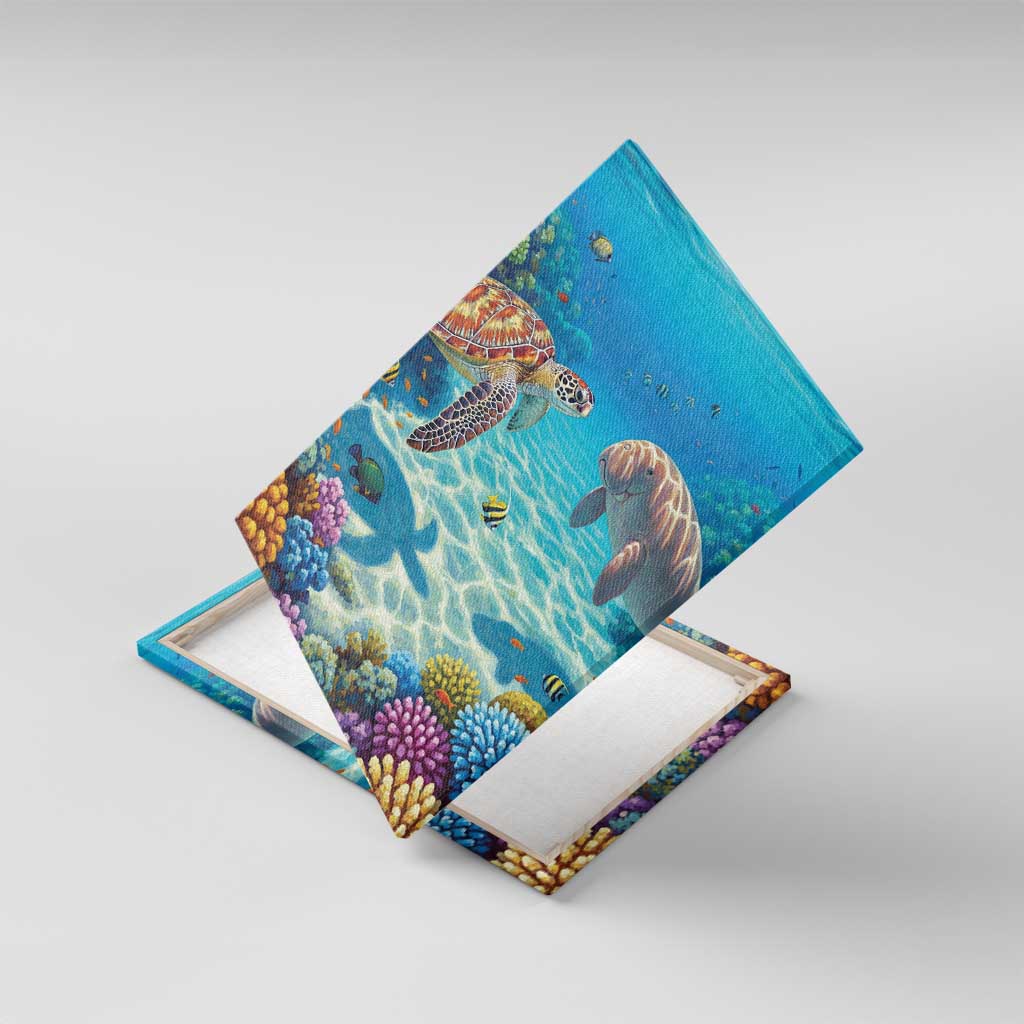 Australia Great Barrier Reef Canvas Wall Art Sea Turtle and Dugong Oil Paint Draw - Aussie Hoodie