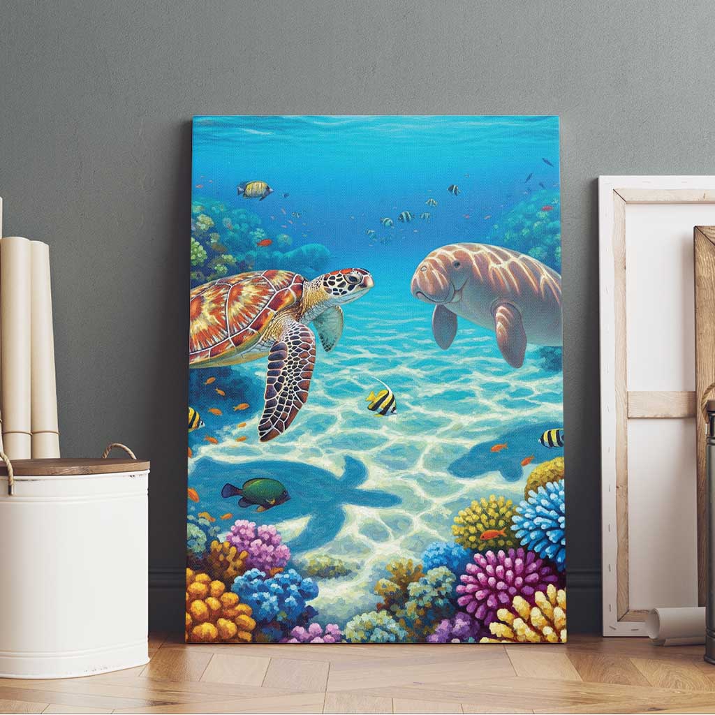Australia Great Barrier Reef Canvas Wall Art Sea Turtle and Dugong Oil Paint Draw - Aussie Hoodie