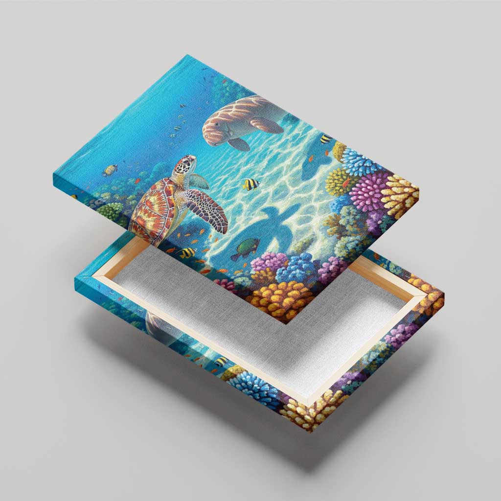 Australia Great Barrier Reef Canvas Wall Art Sea Turtle and Dugong Oil Paint Draw - Aussie Hoodie