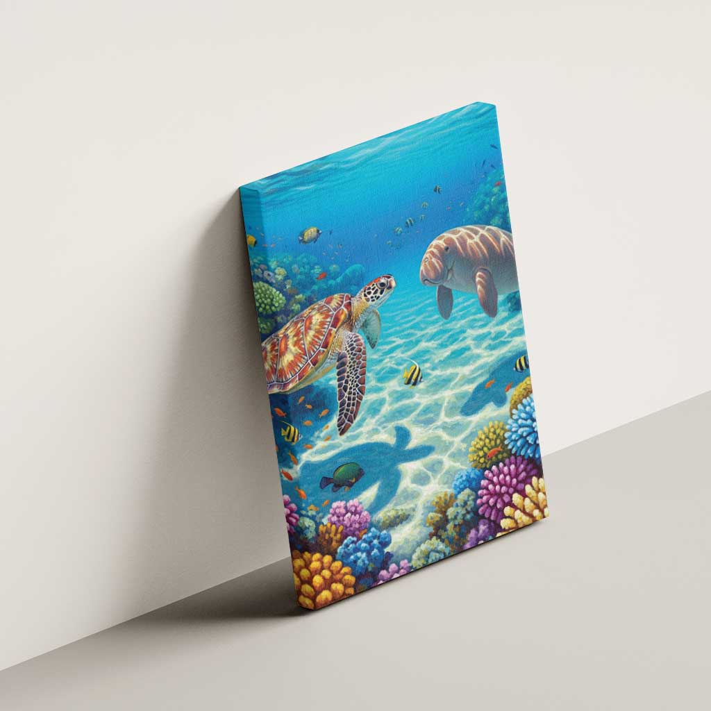 Australia Great Barrier Reef Canvas Wall Art Sea Turtle and Dugong Oil Paint Draw - Aussie Hoodie