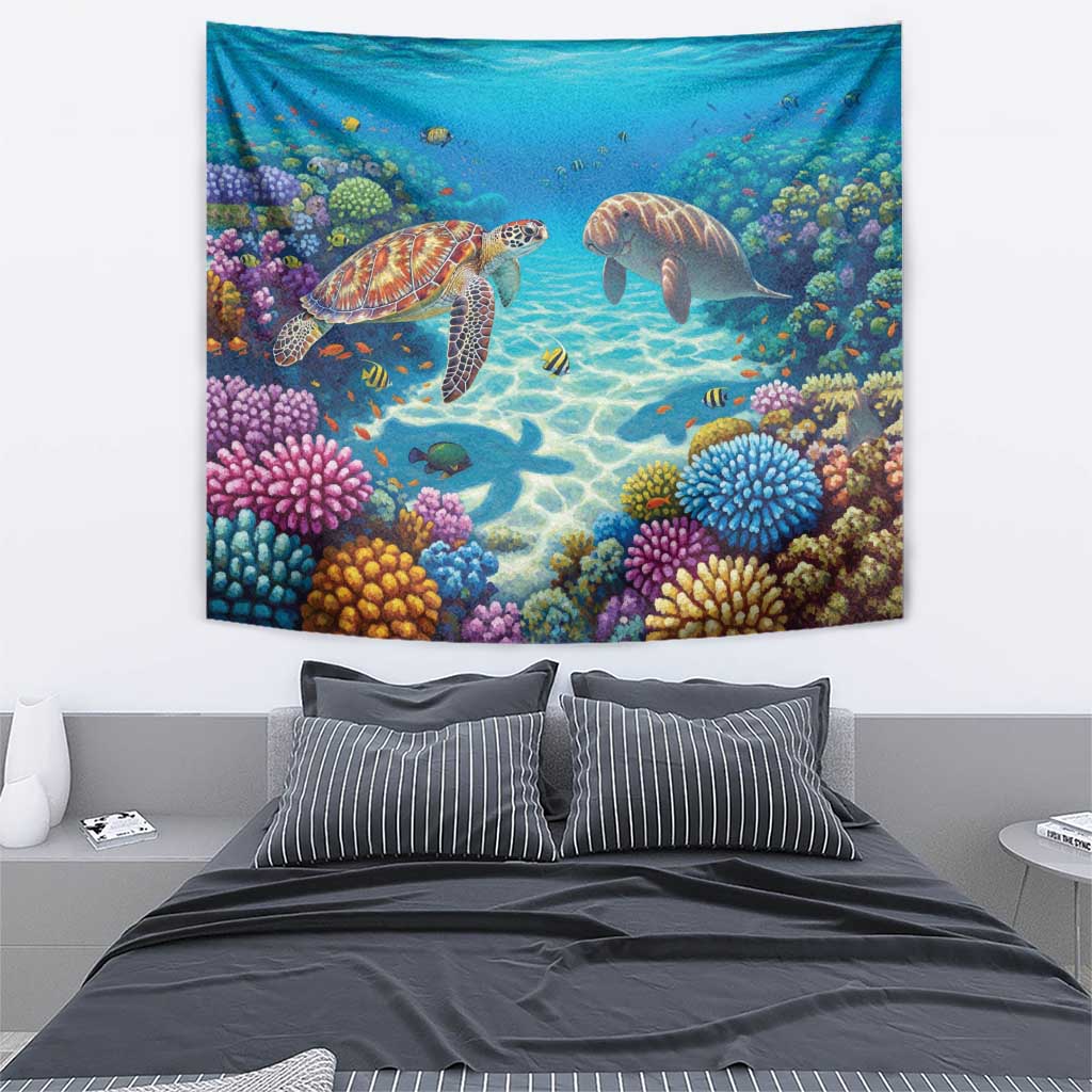 Australia Great Barrier Reef Tapestry Sea Turtle and Dugong Oil Paint Draw - Aussie Hoodie