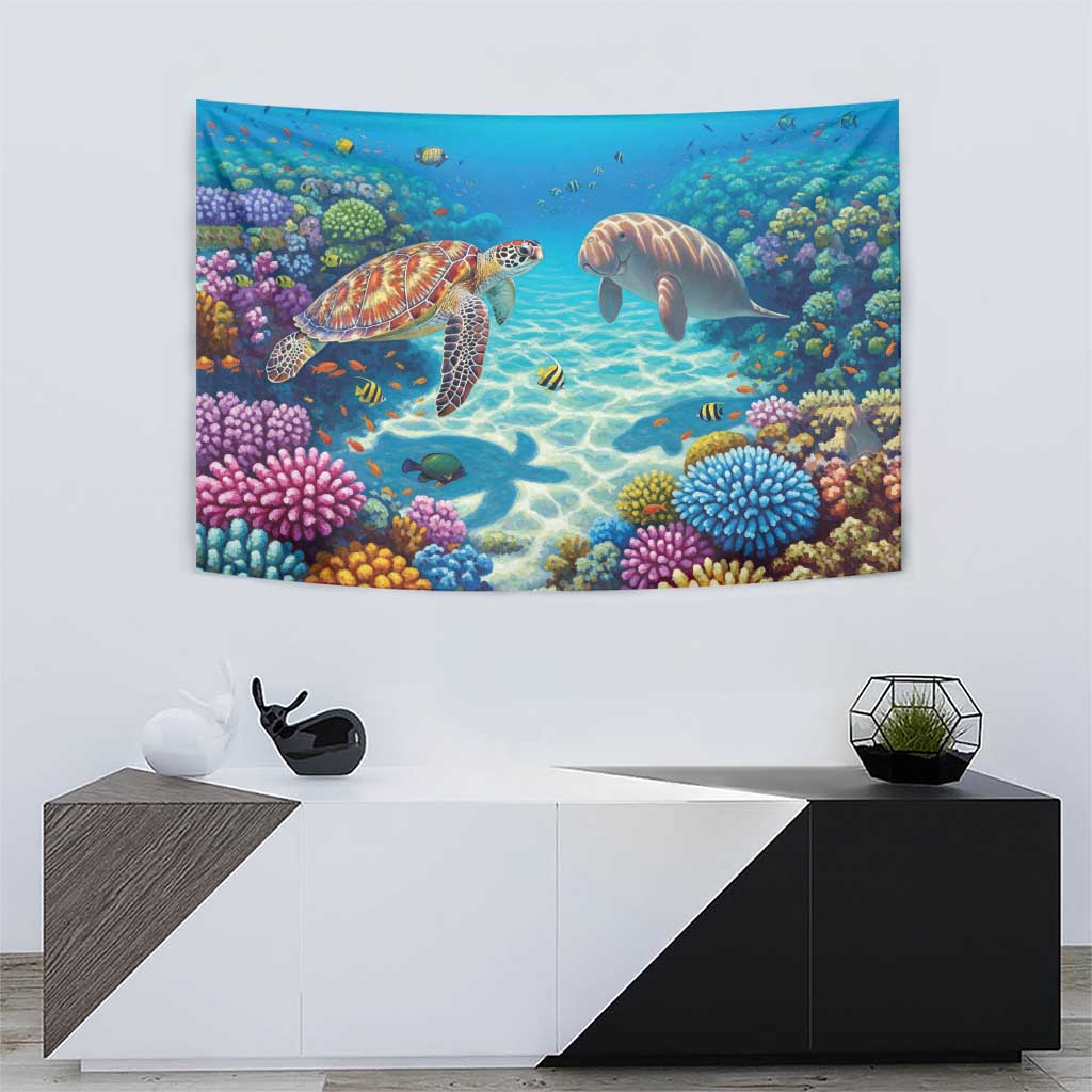 Australia Great Barrier Reef Tapestry Sea Turtle and Dugong Oil Paint Draw - Aussie Hoodie