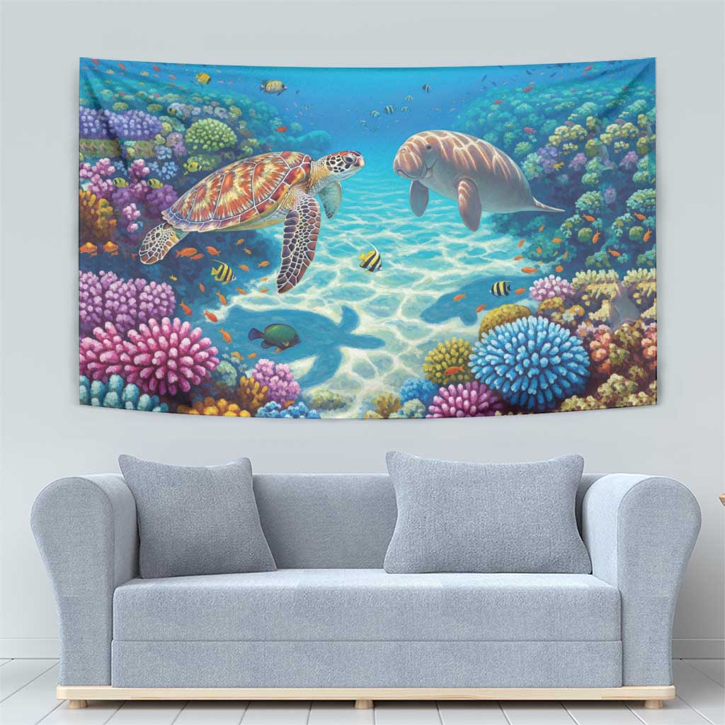 Australia Great Barrier Reef Tapestry Sea Turtle and Dugong Oil Paint Draw - Aussie Hoodie