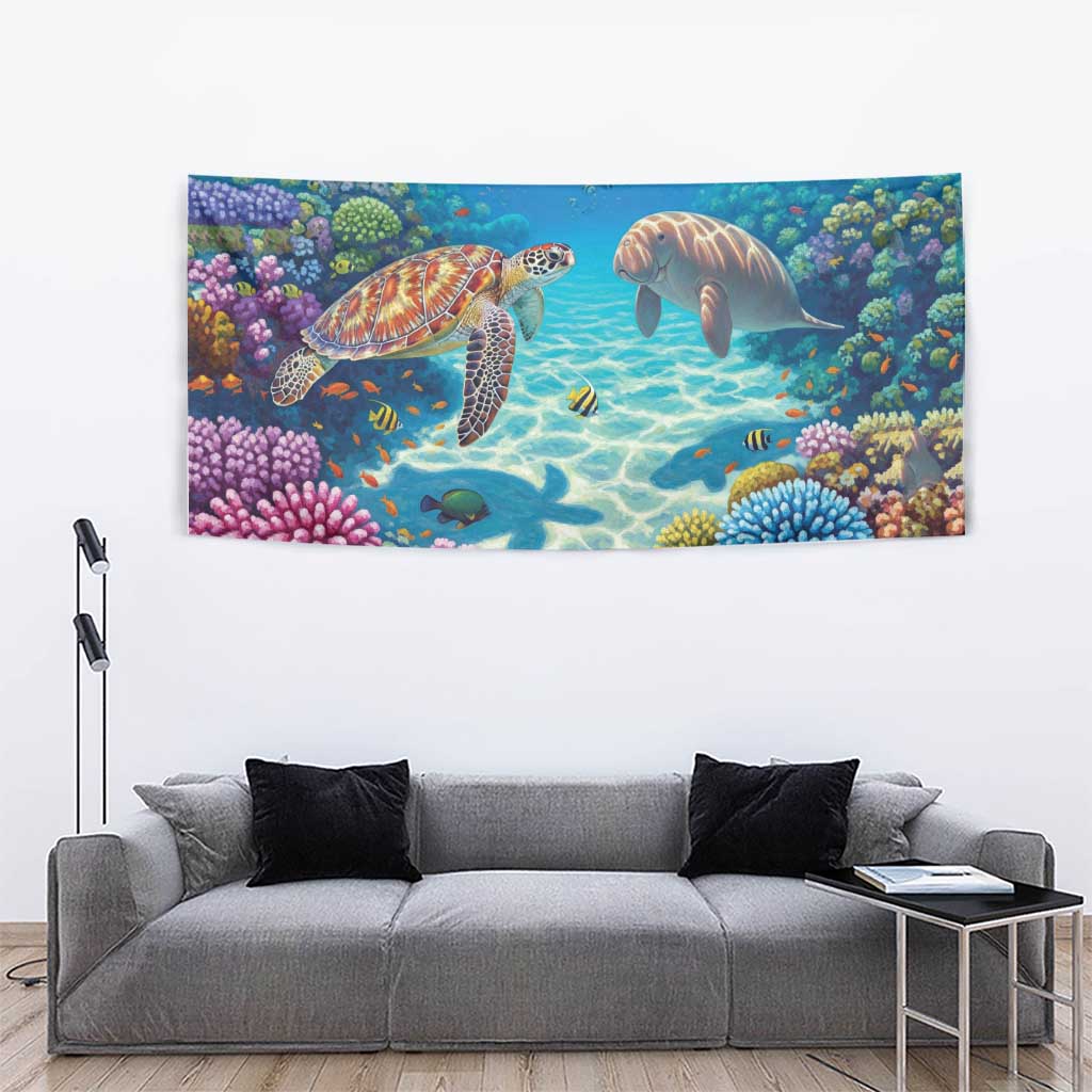 Australia Great Barrier Reef Tapestry Sea Turtle and Dugong Oil Paint Draw - Aussie Hoodie