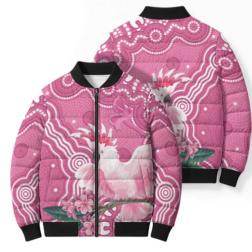 Australia Breast Cancer Awareness Bomber Puffer Jacket Pink Cockatoo Ribbon Aboriginal Art - Aussie Hoodie