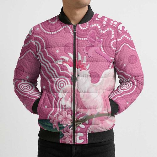 Australia Breast Cancer Awareness Bomber Puffer Jacket Pink Cockatoo Ribbon Aboriginal Art - Aussie Hoodie
