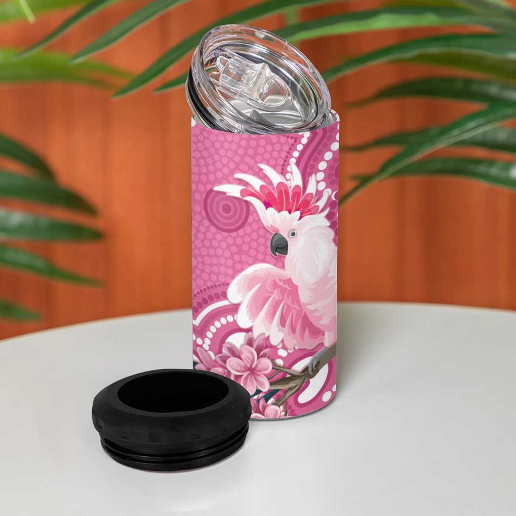 Australia Breast Cancer Awareness 4 in 1 Can Cooler Tumbler Pink Cockatoo Ribbon Aboriginal Art - Aussie Hoodie
