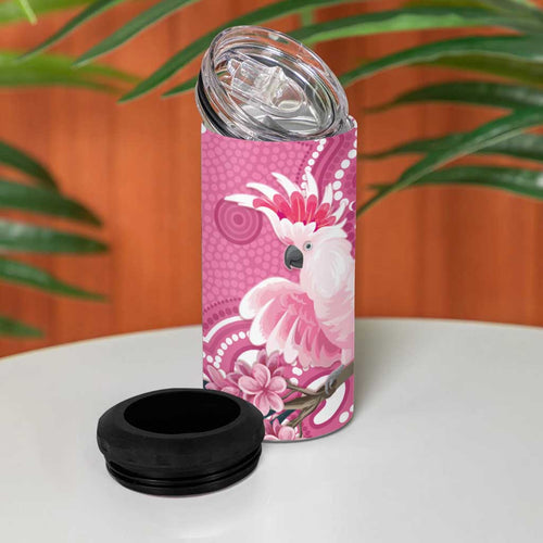 Australia Breast Cancer Awareness 4 in 1 Can Cooler Tumbler Pink Cockatoo Ribbon Aboriginal Art - Aussie Hoodie
