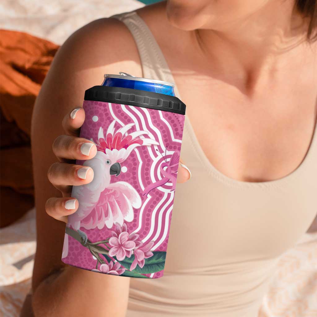 Australia Breast Cancer Awareness 4 in 1 Can Cooler Tumbler Pink Cockatoo Ribbon Aboriginal Art - Aussie Hoodie