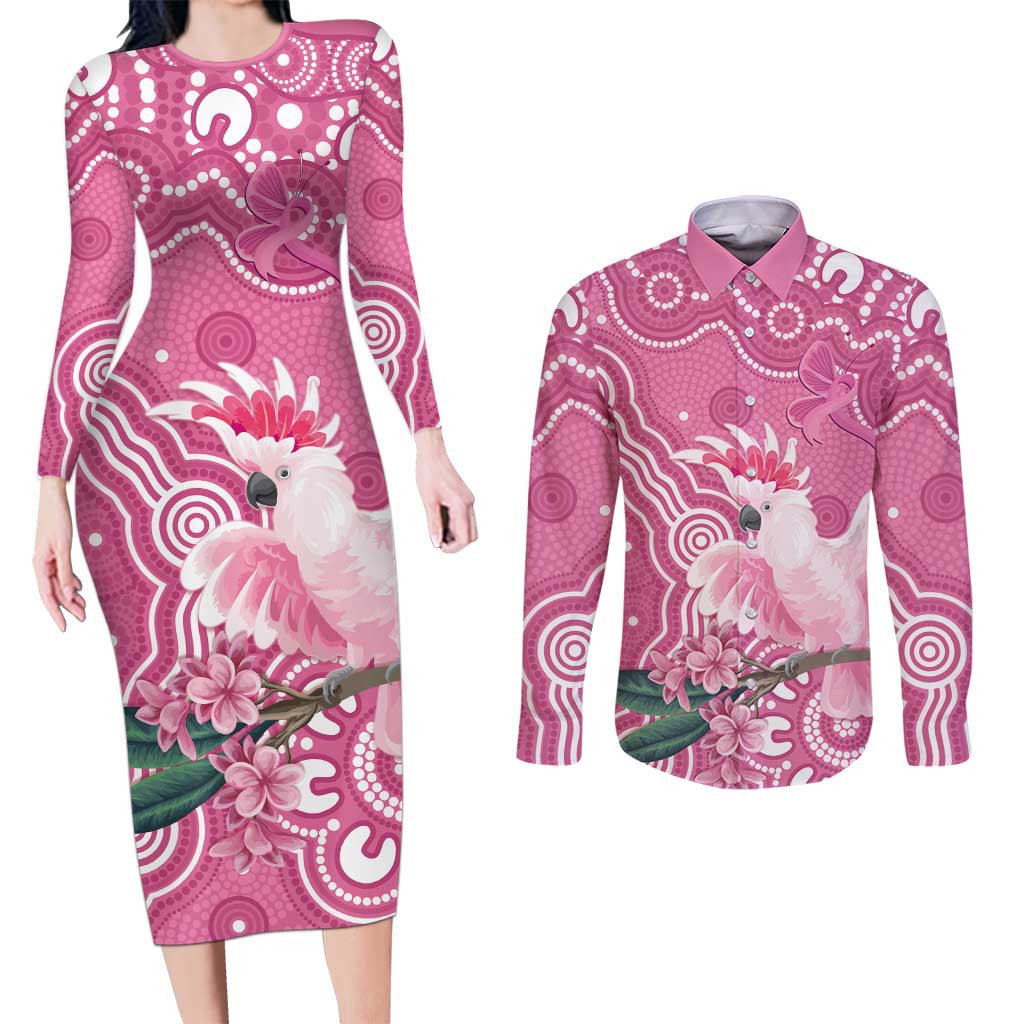 Australia Breast Cancer Awareness Couples Matching Long Sleeve Bodycon Dress and Long Sleeve Button Shirt Pink Cockatoo Ribbon Aboriginal Art - Aussie Hoodie
