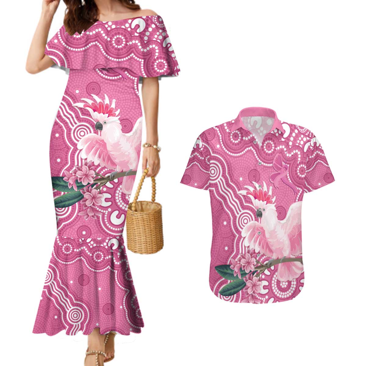 Australia Breast Cancer Awareness Couples Matching Mermaid Dress and Hawaiian Shirt Pink Cockatoo Ribbon Aboriginal Art - Aussie Hoodie
