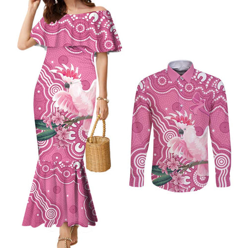 Australia Breast Cancer Awareness Couples Matching Mermaid Dress and Long Sleeve Button Shirt Pink Cockatoo Ribbon Aboriginal Art - Aussie Hoodie