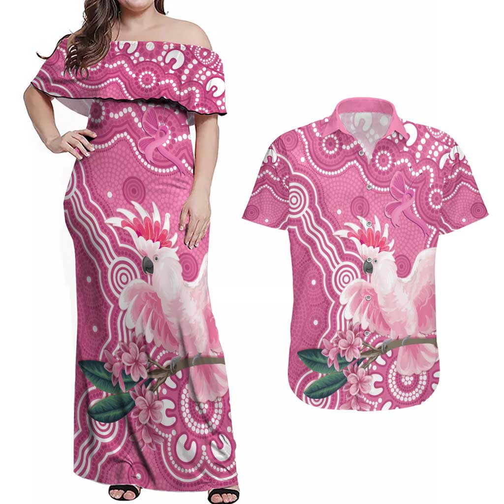 Australia Breast Cancer Awareness Couples Matching Off Shoulder Maxi Dress and Hawaiian Shirt Pink Cockatoo Ribbon Aboriginal Art - Aussie Hoodie