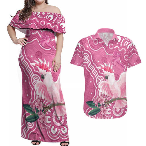 Australia Breast Cancer Awareness Couples Matching Off Shoulder Maxi Dress and Hawaiian Shirt Pink Cockatoo Ribbon Aboriginal Art - Aussie Hoodie