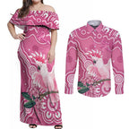 Australia Breast Cancer Awareness Couples Matching Off Shoulder Maxi Dress and Long Sleeve Button Shirt Pink Cockatoo Ribbon Aboriginal Art - Aussie Hoodie
