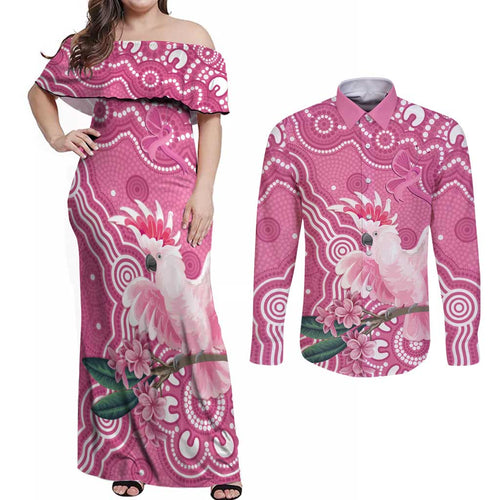 Australia Breast Cancer Awareness Couples Matching Off Shoulder Maxi Dress and Long Sleeve Button Shirt Pink Cockatoo Ribbon Aboriginal Art - Aussie Hoodie
