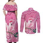 Australia Breast Cancer Awareness Couples Matching Off Shoulder Maxi Dress and Long Sleeve Button Shirt Pink Cockatoo Ribbon Aboriginal Art - Aussie Hoodie