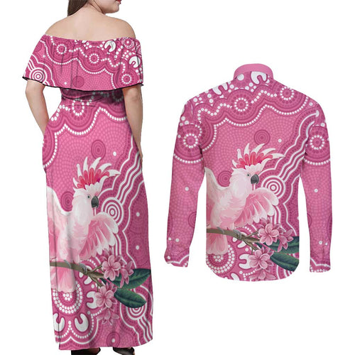 Australia Breast Cancer Awareness Couples Matching Off Shoulder Maxi Dress and Long Sleeve Button Shirt Pink Cockatoo Ribbon Aboriginal Art - Aussie Hoodie
