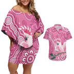 Australia Breast Cancer Awareness Couples Matching Off Shoulder Short Dress and Hawaiian Shirt Pink Cockatoo Ribbon Aboriginal Art - Aussie Hoodie