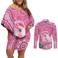Australia Breast Cancer Awareness Couples Matching Off Shoulder Short Dress and Long Sleeve Button Shirt Pink Cockatoo Ribbon Aboriginal Art - Aussie Hoodie