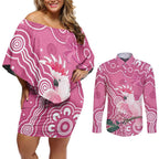 Australia Breast Cancer Awareness Couples Matching Off Shoulder Short Dress and Long Sleeve Button Shirt Pink Cockatoo Ribbon Aboriginal Art - Aussie Hoodie