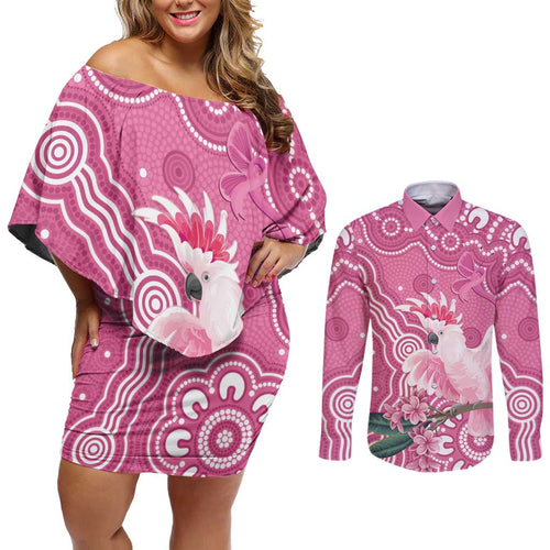 Australia Breast Cancer Awareness Couples Matching Off Shoulder Short Dress and Long Sleeve Button Shirt Pink Cockatoo Ribbon Aboriginal Art - Aussie Hoodie
