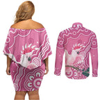 Australia Breast Cancer Awareness Couples Matching Off Shoulder Short Dress and Long Sleeve Button Shirt Pink Cockatoo Ribbon Aboriginal Art - Aussie Hoodie