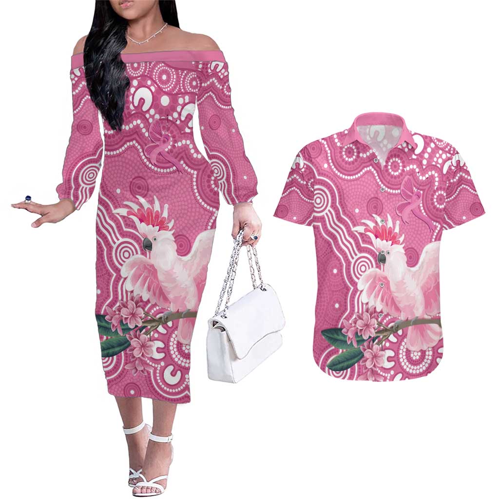 Australia Breast Cancer Awareness Couples Matching Off The Shoulder Long Sleeve Dress and Hawaiian Shirt Pink Cockatoo Ribbon Aboriginal Art - Aussie Hoodie
