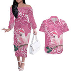 Australia Breast Cancer Awareness Couples Matching Off The Shoulder Long Sleeve Dress and Hawaiian Shirt Pink Cockatoo Ribbon Aboriginal Art - Aussie Hoodie