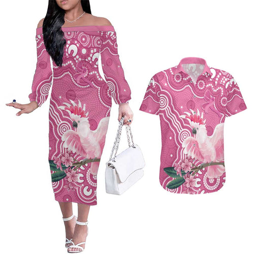 Australia Breast Cancer Awareness Couples Matching Off The Shoulder Long Sleeve Dress and Hawaiian Shirt Pink Cockatoo Ribbon Aboriginal Art - Aussie Hoodie