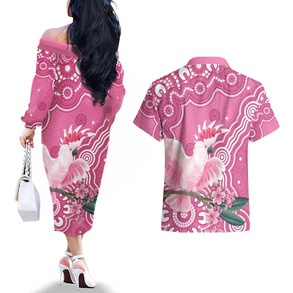 Australia Breast Cancer Awareness Couples Matching Off The Shoulder Long Sleeve Dress and Hawaiian Shirt Pink Cockatoo Ribbon Aboriginal Art - Aussie Hoodie