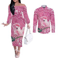 Australia Breast Cancer Awareness Couples Matching Off The Shoulder Long Sleeve Dress and Long Sleeve Button Shirt Pink Cockatoo Ribbon Aboriginal Art - Aussie Hoodie