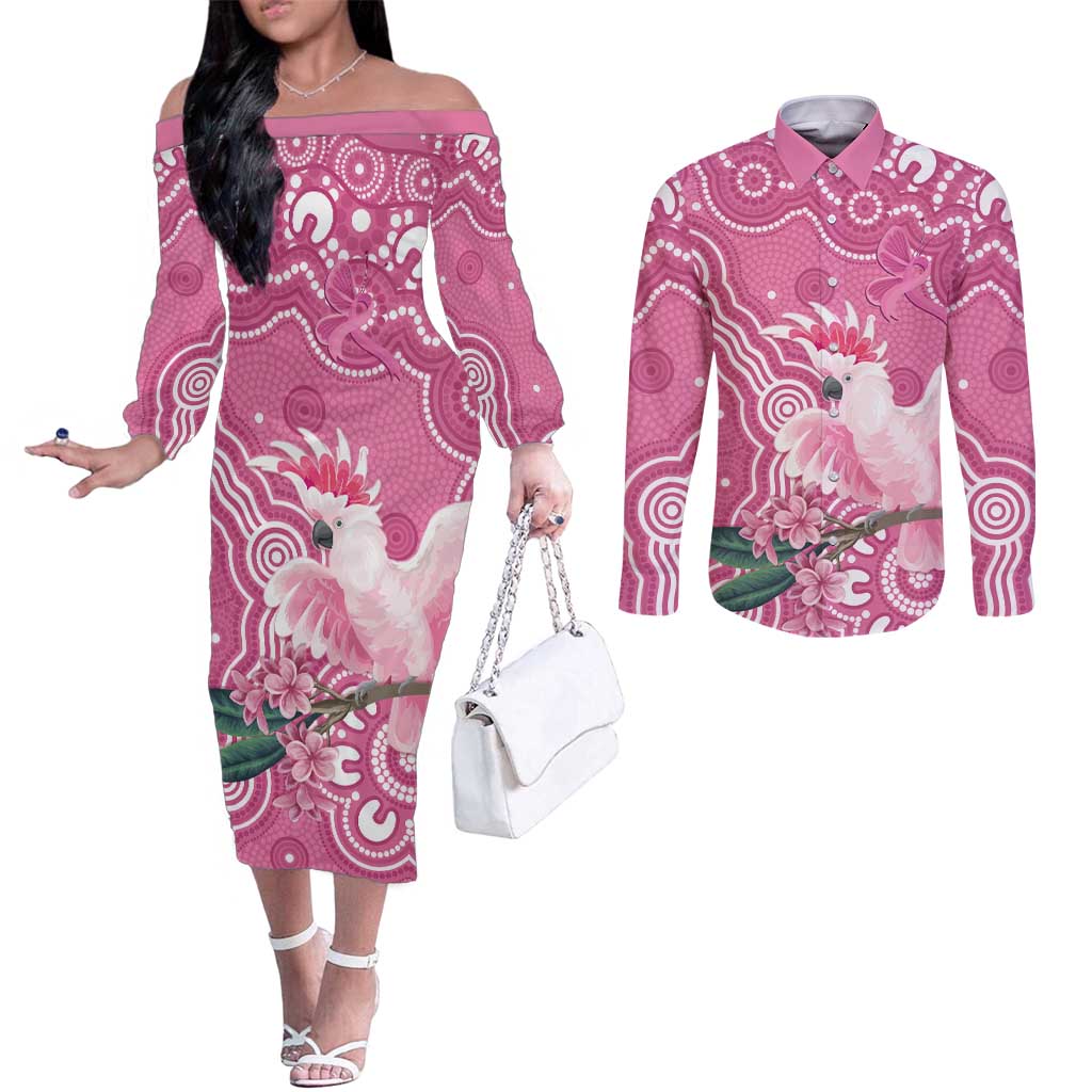 Australia Breast Cancer Awareness Couples Matching Off The Shoulder Long Sleeve Dress and Long Sleeve Button Shirt Pink Cockatoo Ribbon Aboriginal Art - Aussie Hoodie