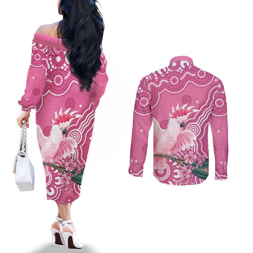 Australia Breast Cancer Awareness Couples Matching Off The Shoulder Long Sleeve Dress and Long Sleeve Button Shirt Pink Cockatoo Ribbon Aboriginal Art - Aussie Hoodie