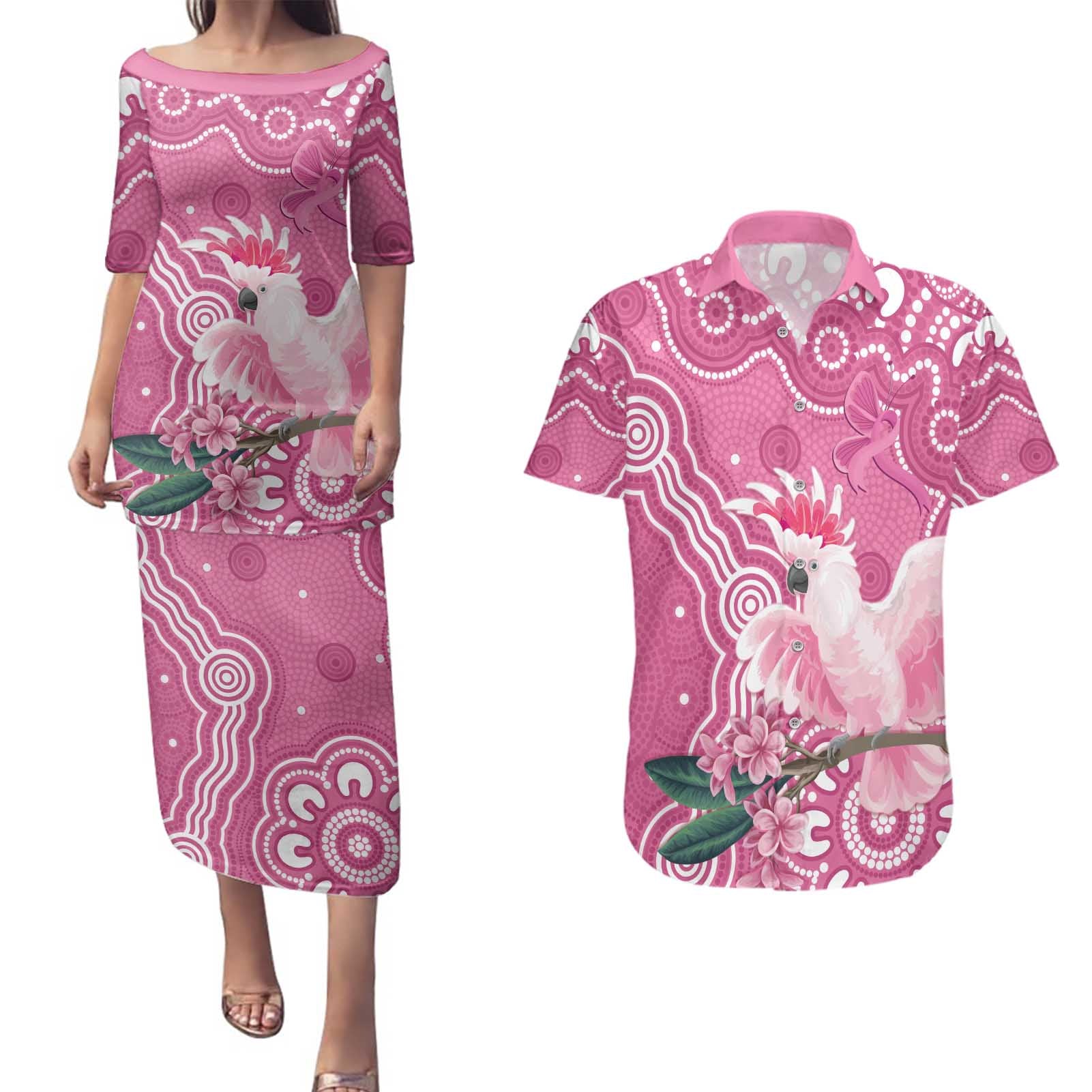 Australia Breast Cancer Awareness Couples Matching Puletasi and Hawaiian Shirt Pink Cockatoo Ribbon Aboriginal Art - Aussie Hoodie