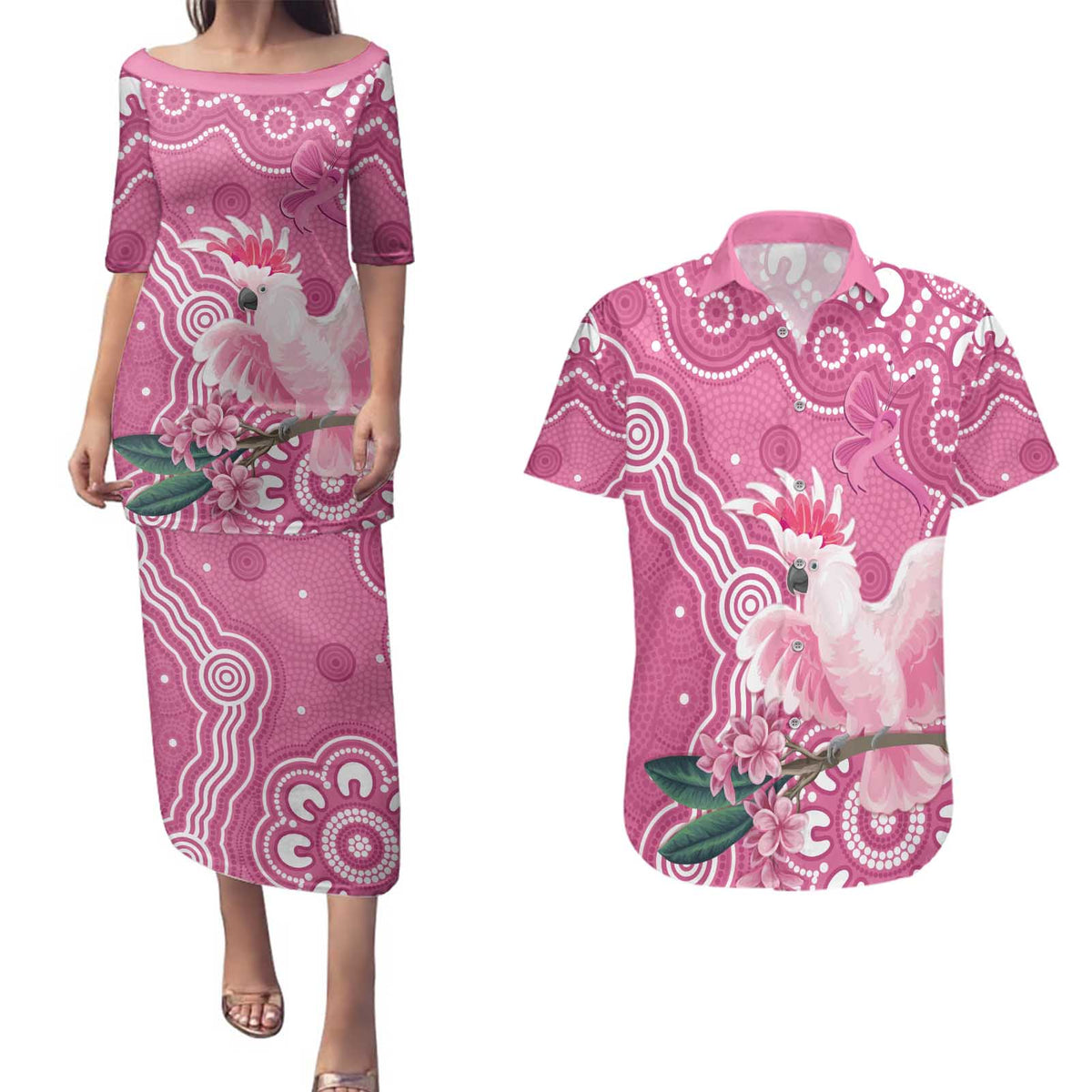 Australia Breast Cancer Awareness Couples Matching Puletasi and Hawaiian Shirt Pink Cockatoo Ribbon Aboriginal Art - Aussie Hoodie