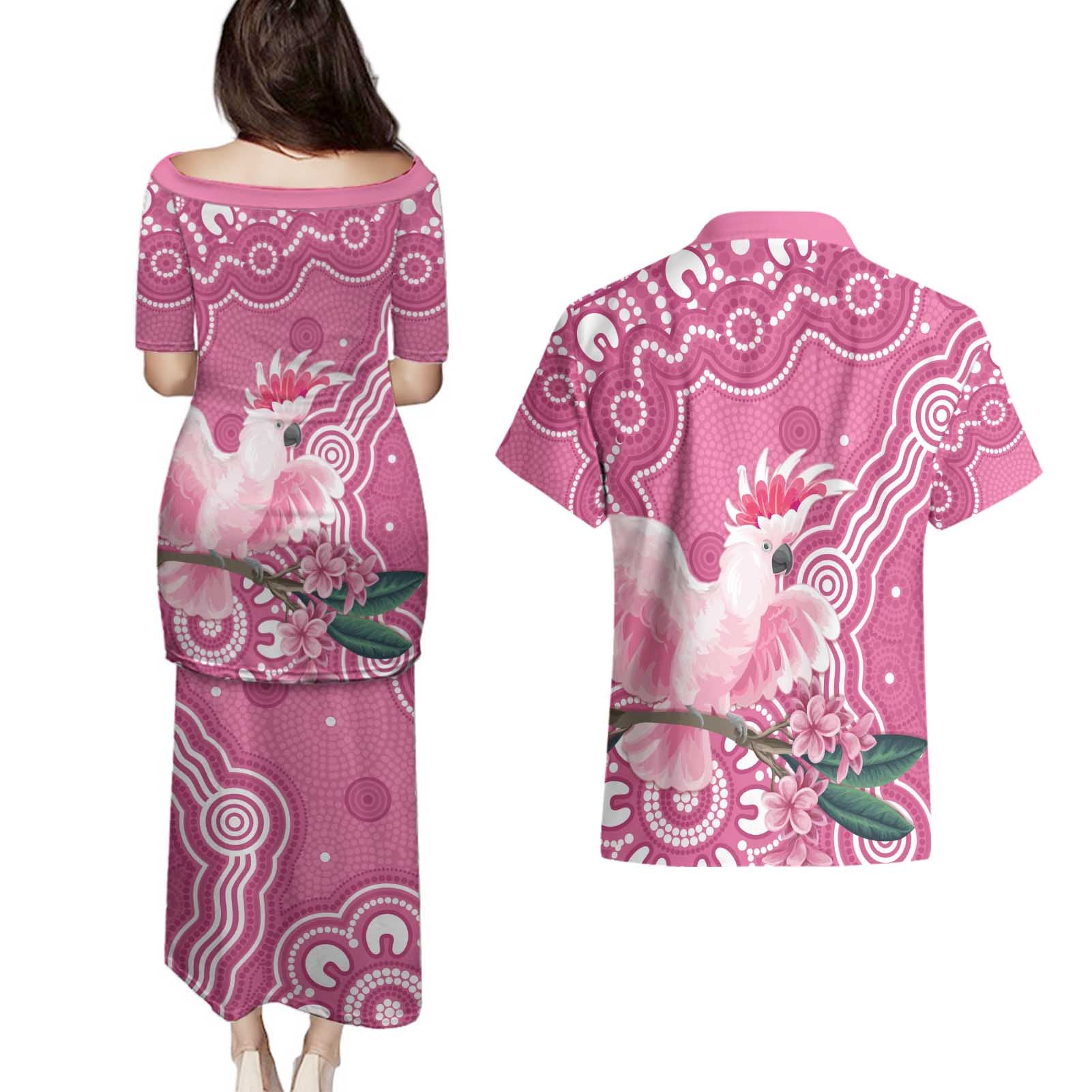 Australia Breast Cancer Awareness Couples Matching Puletasi and Hawaiian Shirt Pink Cockatoo Ribbon Aboriginal Art - Aussie Hoodie