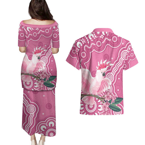 Australia Breast Cancer Awareness Couples Matching Puletasi and Hawaiian Shirt Pink Cockatoo Ribbon Aboriginal Art - Aussie Hoodie
