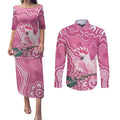 Australia Breast Cancer Awareness Couples Matching Puletasi and Long Sleeve Button Shirt Pink Cockatoo Ribbon Aboriginal Art - Aussie Hoodie