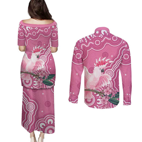 Australia Breast Cancer Awareness Couples Matching Puletasi and Long Sleeve Button Shirt Pink Cockatoo Ribbon Aboriginal Art - Aussie Hoodie