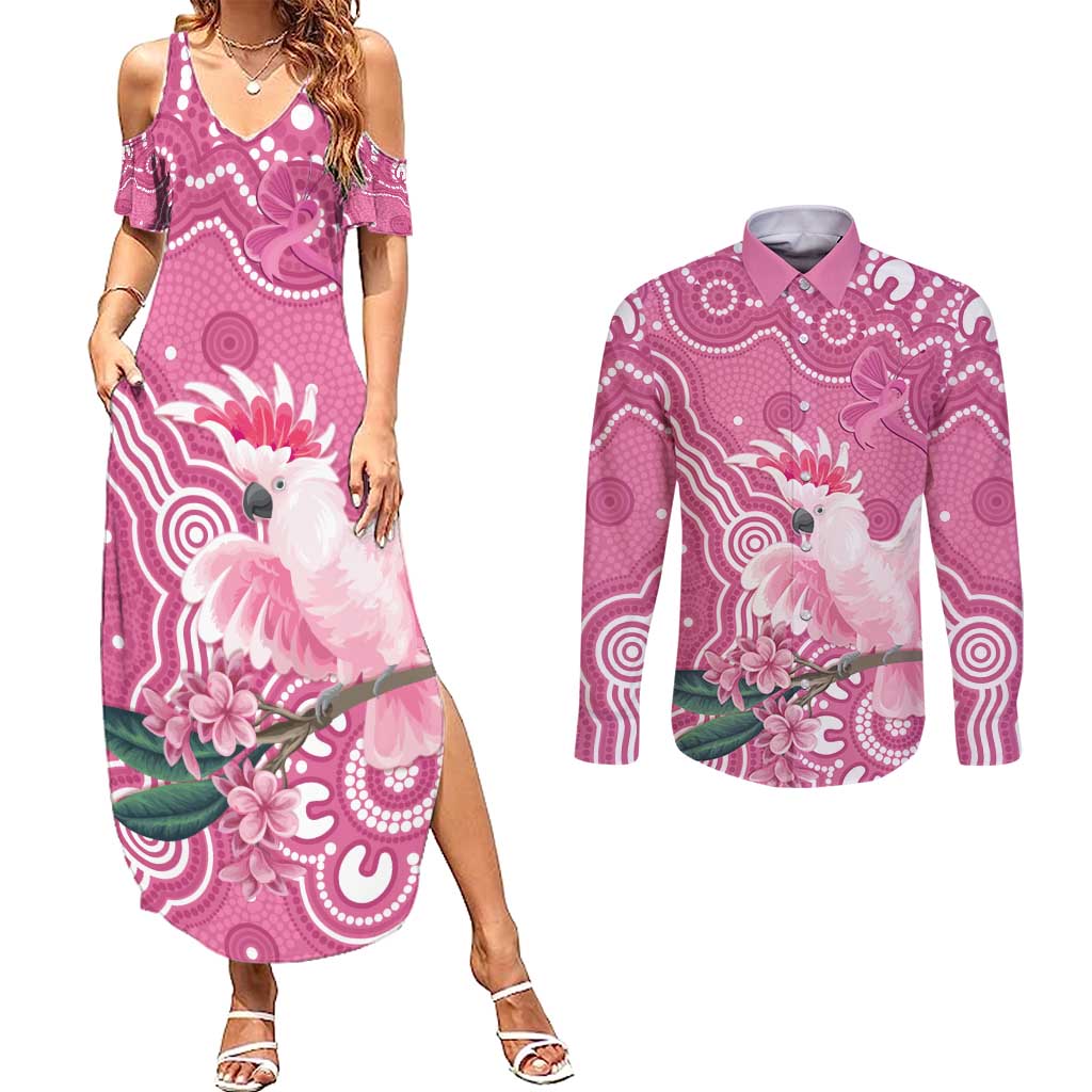 Australia Breast Cancer Awareness Couples Matching Summer Maxi Dress and Long Sleeve Button Shirt Pink Cockatoo Ribbon Aboriginal Art - Aussie Hoodie
