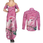 Australia Breast Cancer Awareness Couples Matching Summer Maxi Dress and Long Sleeve Button Shirt Pink Cockatoo Ribbon Aboriginal Art - Aussie Hoodie