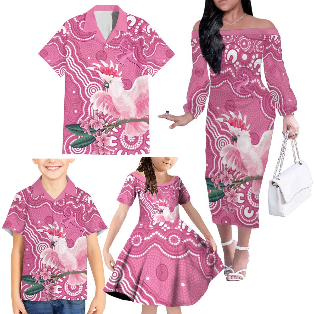 Australia Breast Cancer Awareness Family Matching Off The Shoulder Long Sleeve Dress and Hawaiian Shirt Pink Cockatoo Ribbon Aboriginal Art - Aussie Hoodie