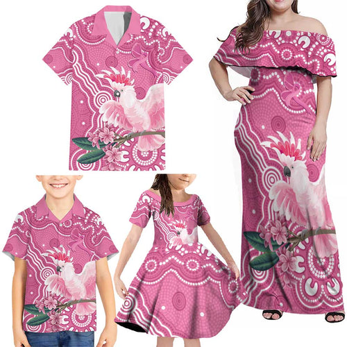 Australia Breast Cancer Awareness Family Matching Off Shoulder Maxi Dress and Hawaiian Shirt Pink Cockatoo Ribbon Aboriginal Art - Aussie Hoodie