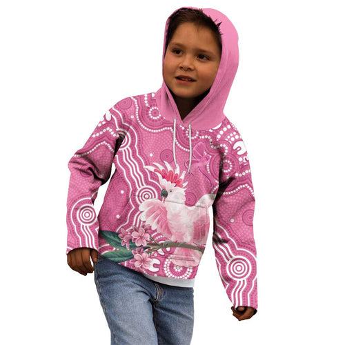 Australia Breast Cancer Awareness Kid Hoodie Pink Cockatoo Ribbon Aboriginal Art - Aussie Hoodie