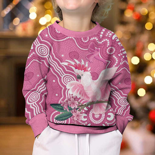 Australia Breast Cancer Awareness Kid Ugly Christmas Sweater Pink Cockatoo Ribbon Aboriginal Art - Aussie Hoodie