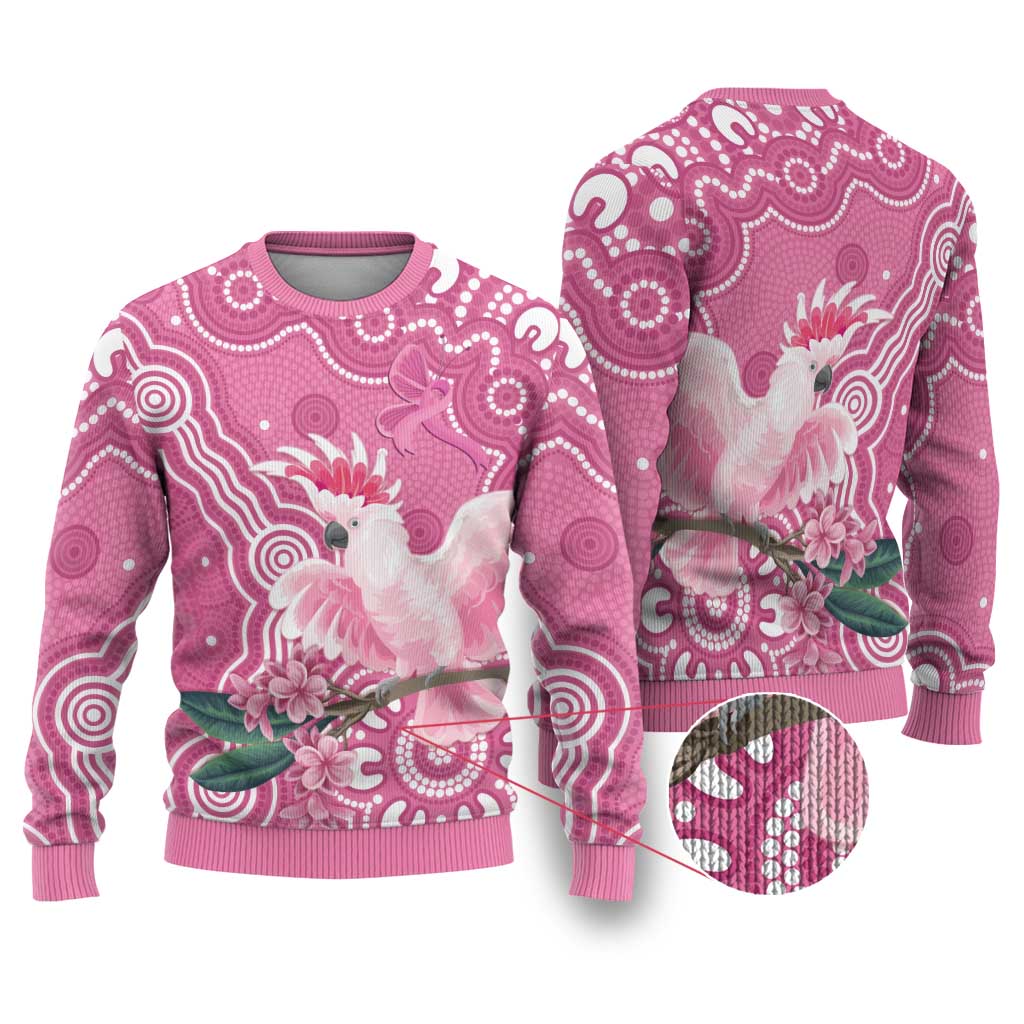 Australia Breast Cancer Awareness Ugly Christmas Sweater Pink Cockatoo Ribbon Aboriginal Art - Aussie Hoodie