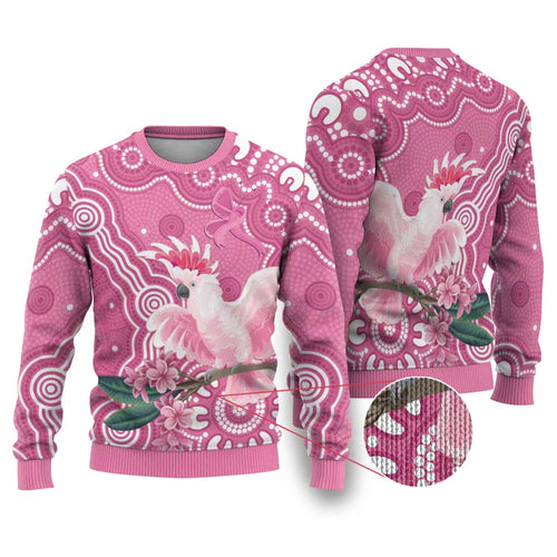 Australia Breast Cancer Awareness Ugly Christmas Sweater Pink Cockatoo Ribbon Aboriginal Art - Aussie Hoodie