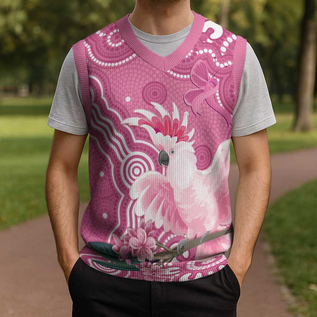 Australia Breast Cancer Awareness Christmas Knitted V-Neck Vest Pink Cockatoo Ribbon Aboriginal Art - Aussie Hoodie