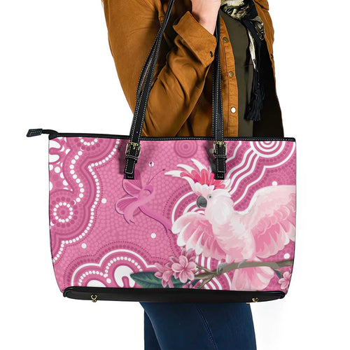 Australia Breast Cancer Awareness Leather Tote Bag Pink Cockatoo Ribbon Aboriginal Art - Aussie Hoodie